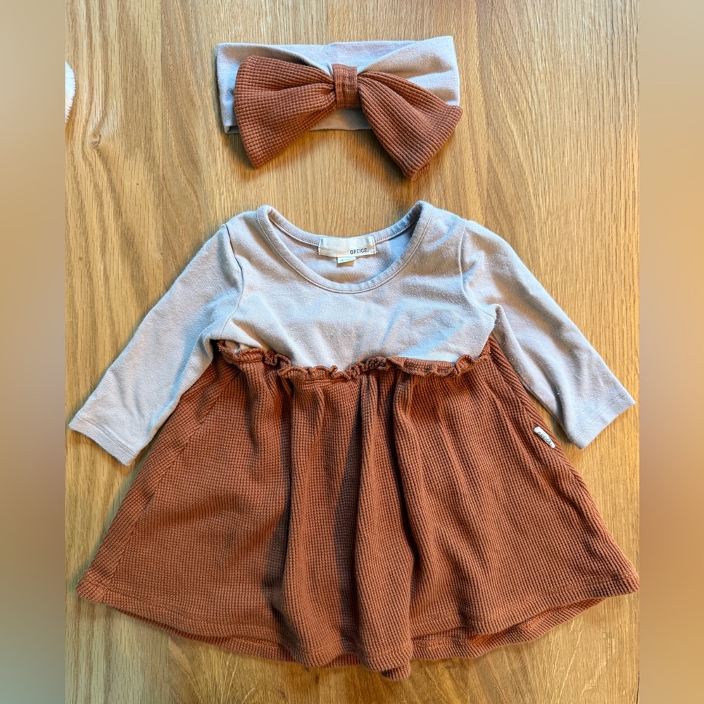 Greige. Baby dress onesie with matching bow